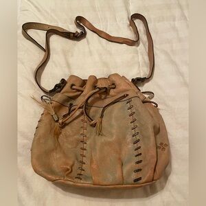 Patricia Nash, Italian leather purse, green and tan with feathers dangling